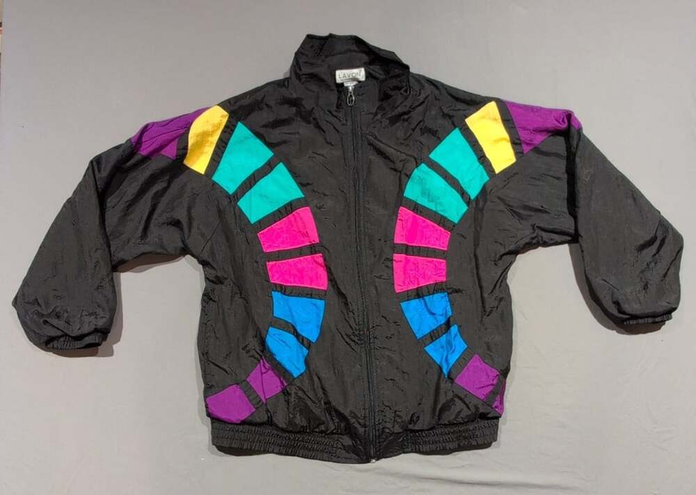 Vintage Lavon by Cheerful Corp Black Rainbow Colorblock Windbreaker Zip-Up Jacke